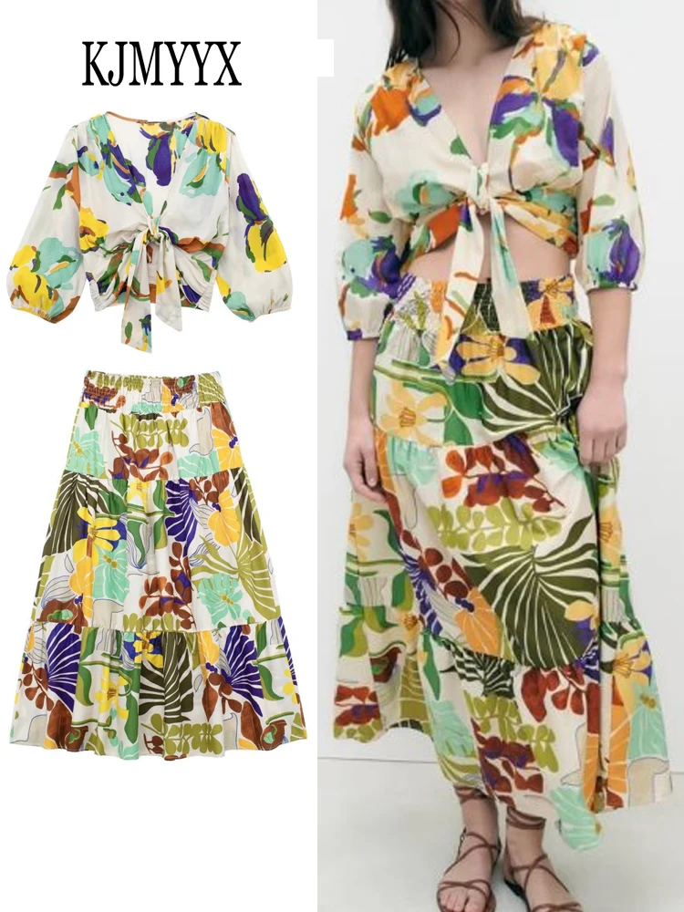 

KJMYYX 2 Piece Skirt Sets 2023 Summer Women Blouses Fashion Shirts Tops Print Drawstring Bow Poplin Female Elegant Tops Clothing