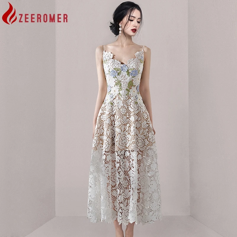 ZEEROMER 2023 Summer Designer Runway Flower Embroidery Lace Dress Women Sexy V Neck Sleeveless Hollow Out Sling Midi Party Dress