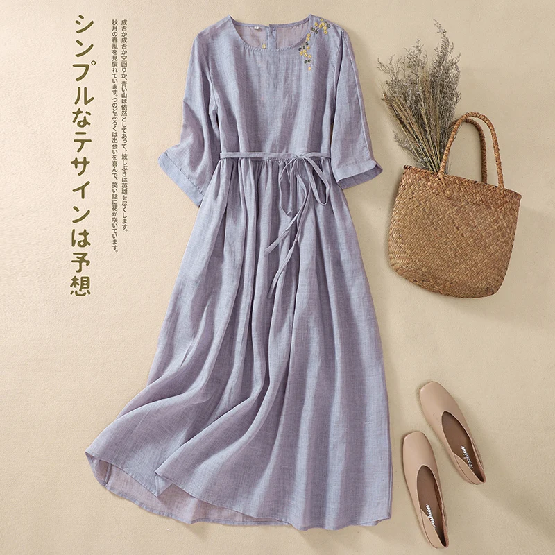 

Embroidery Summer Purple Dress Cotton Linen Women Retro O Neck A-Line Loose Big Swing Casual Dresses Thin Vestidos Button I403