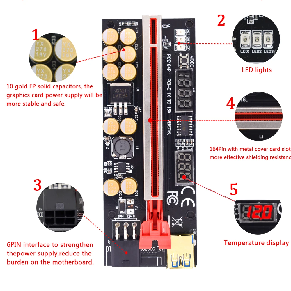 Кабель питания TISHRIC Gold VER016 Райзер с USB 3 0 PCIE 1X 4x 8x 16x SATA 15pin на 6 pin |
