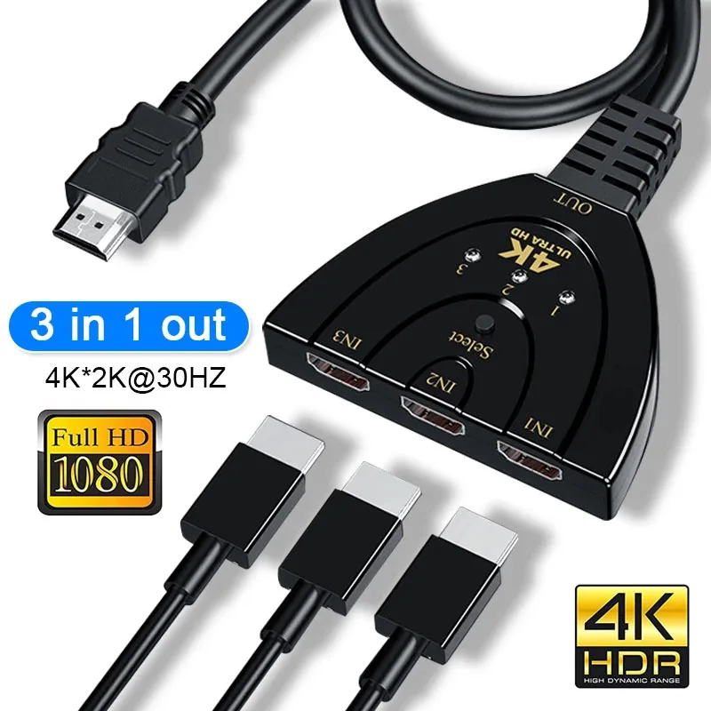 

4K 3 in 1 HDMI Switch Cable Splitter HD HDMI2.0 HDMI-compatible Switch Adapter For PC TV Xbox PS3 PS4 Projector Monitor Splitter