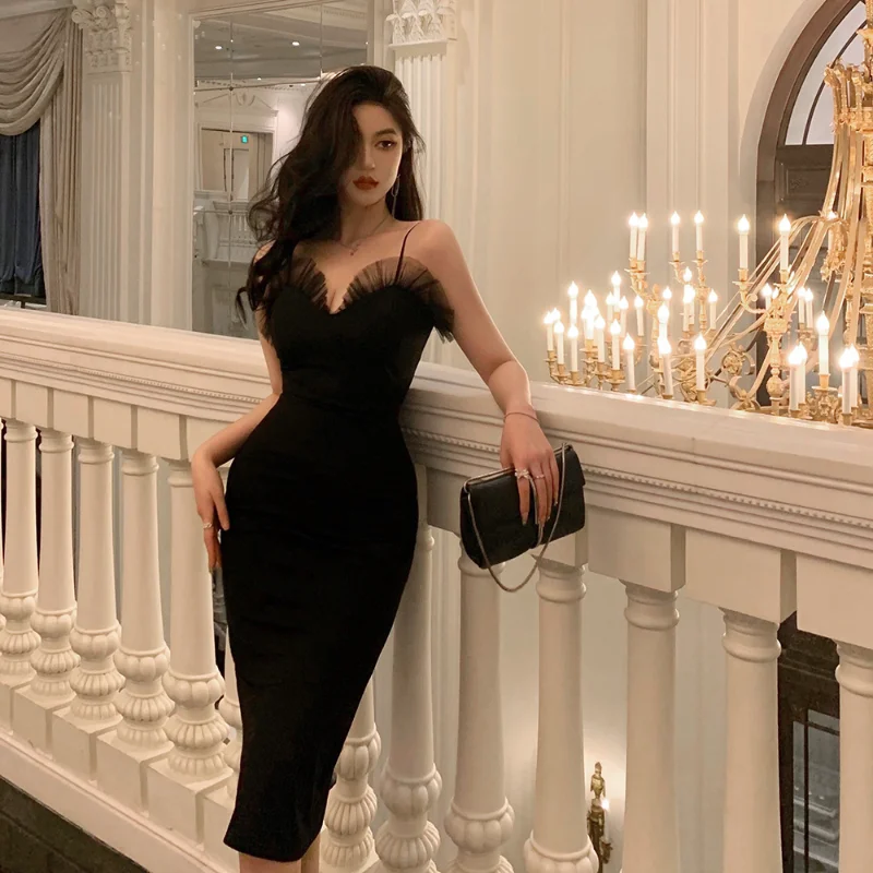 

2023 new sexy V-neck mesh stitching slim bag hip long dress dress