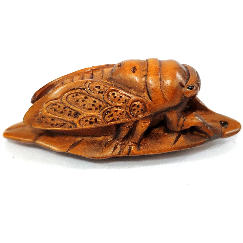 

Y7862 - 2 "резная вручную японская фигурка из ящика и сетки-Цикада на листе