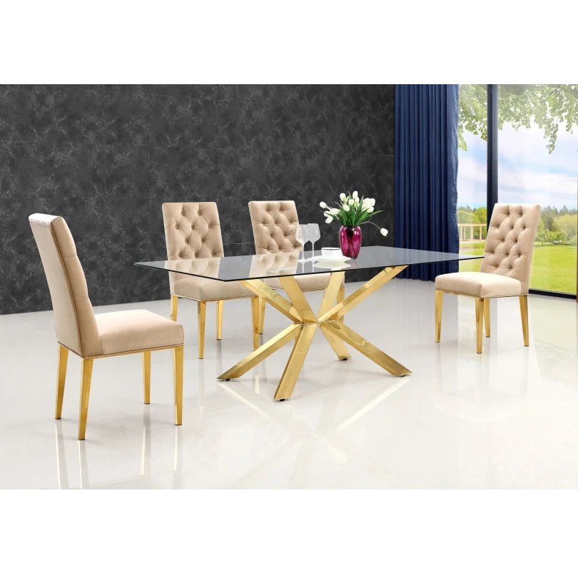 

Inidustrial luxury customized living room furniture dinning table modern chrome finished silver metal leg glass top dining table