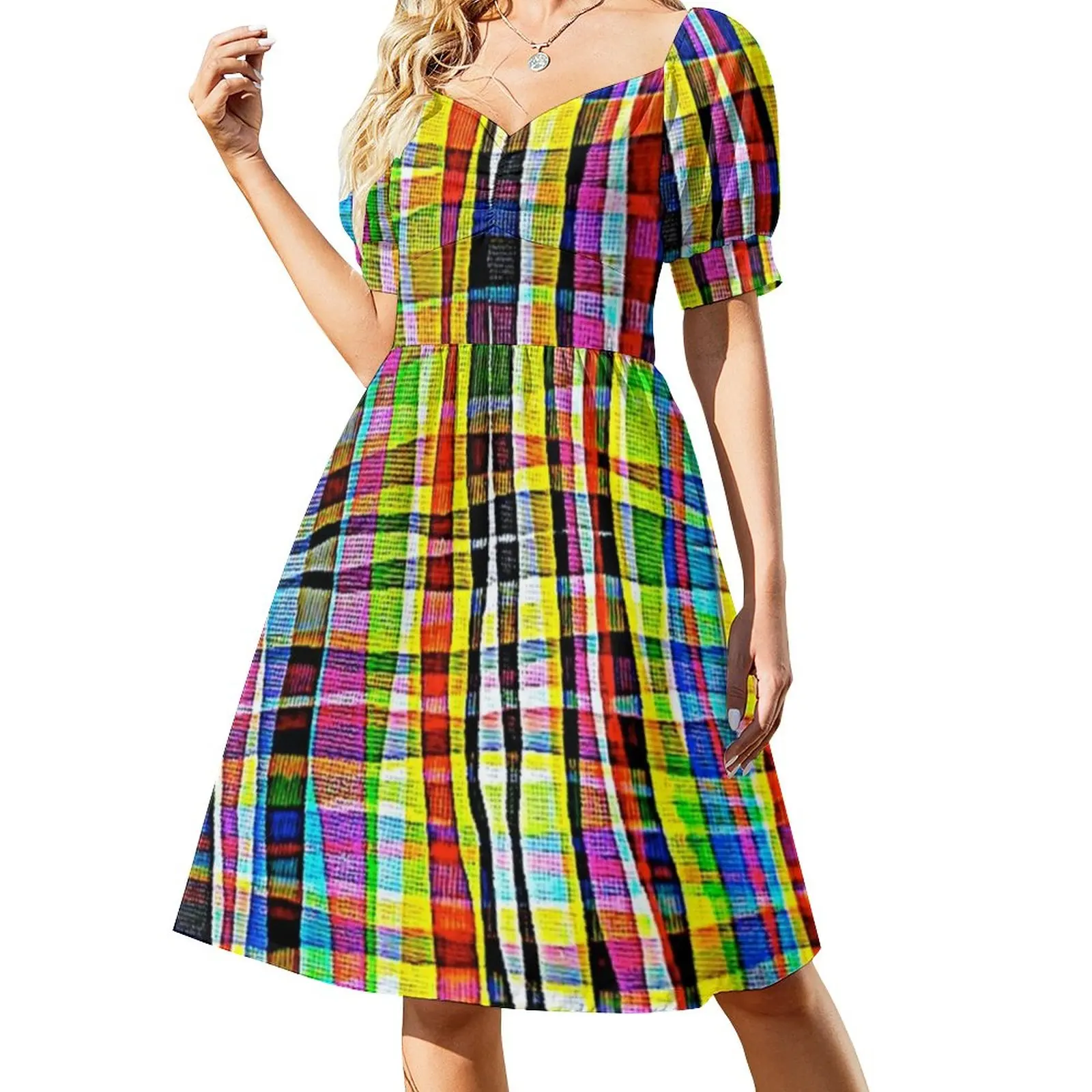 

Abstract Geometric Dress Colorful Madras Print Beach Dresses Women Short Sleeve Streetwear Casual Dress V Neck Oversized Clothes