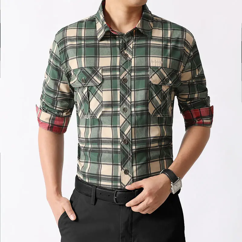 

Military Men Fashion Plaid Long Sleeve Shirt Spring Autumn New Streetwear Lapel Safari Male Clothes Business Loose Casual Tops