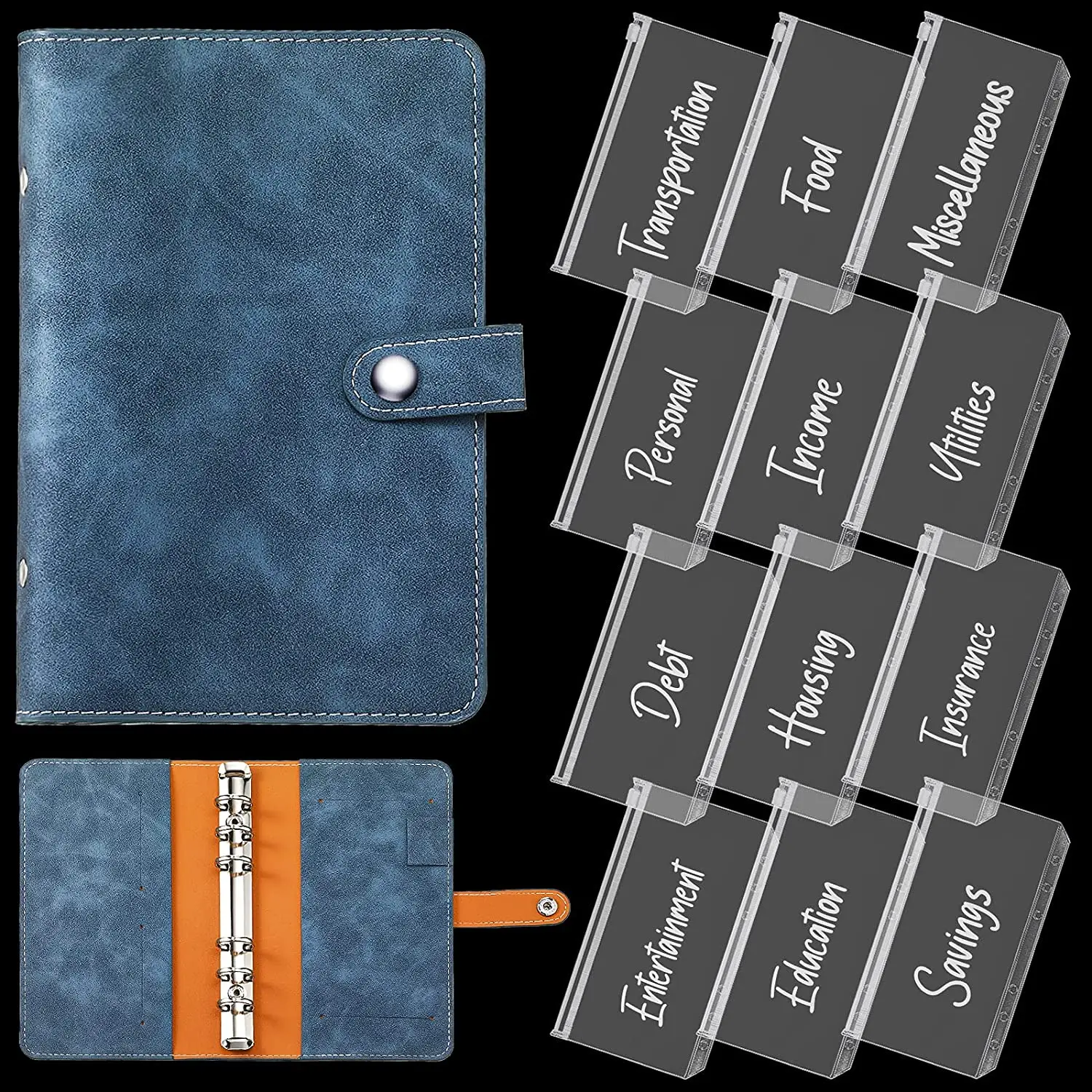 

A6 PU Leather Binder 6 Ring Notebook Cover Planner with 12 Binder Pocket Binder Zipper Envelopes Folders for Bill Planner