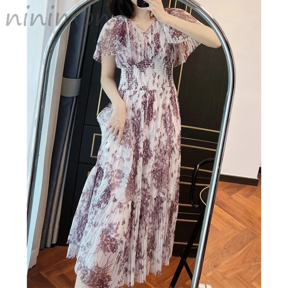 

NINIMON Summer Floral Printed Chiffon Dress V-Neck Pleated Long Ruffles Wrap Casual Women A-line Maxi Dress