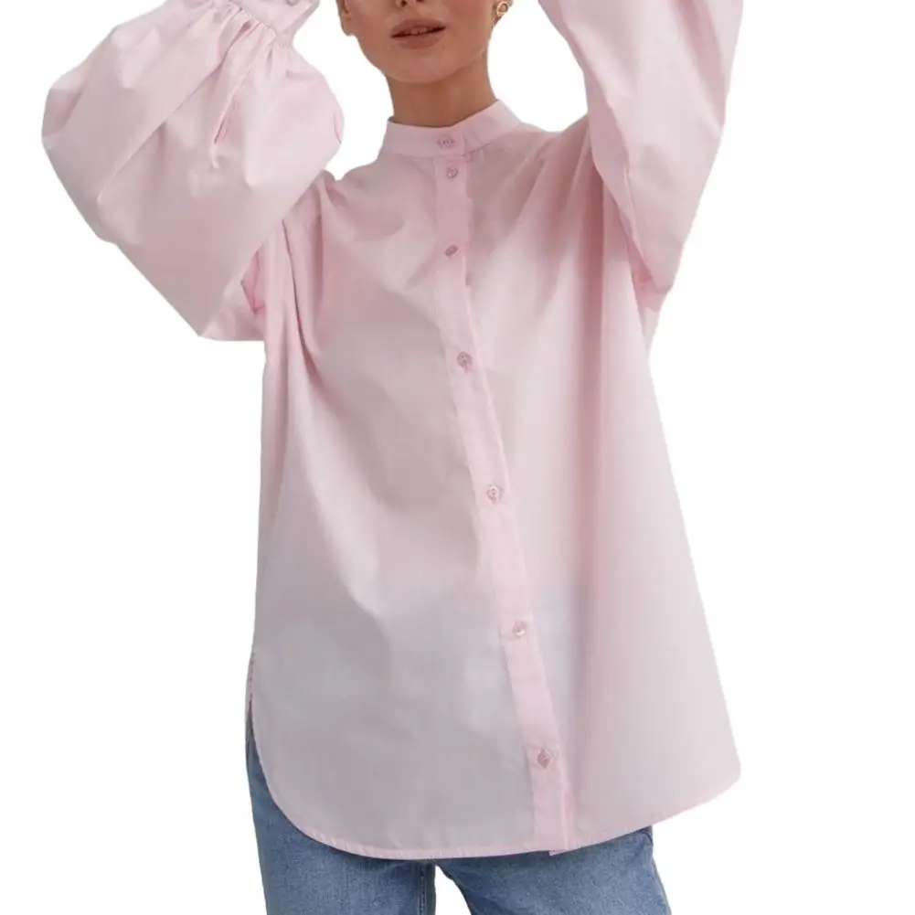 

Long-sleeved Shirt Stylish Women's Stand Collar Lantern Sleeve Shirt Versatile Spring/autumn Workwear with Loose Fit Single