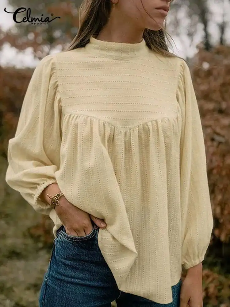 

Celmia Leisure 2022 Fashion Blouses Stitching Texture Cotton Dobby Women Shirts Casual Half High Collar Long Puff SLeeve Tops