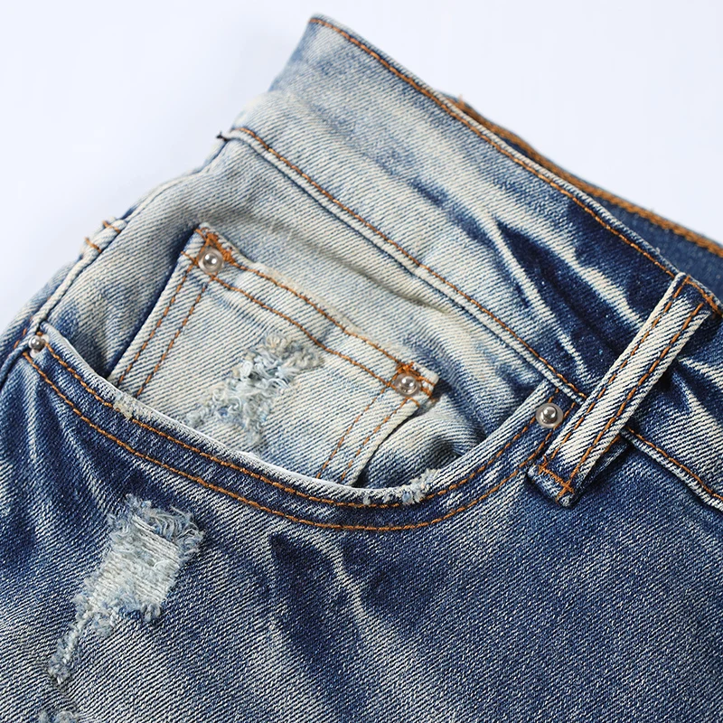 High Street Fashion Men Jeans Retro Blue Stretch Skinny Ripped Jeans Men Green Stripe Patched Designer Hip Hop Brand Pants Homme