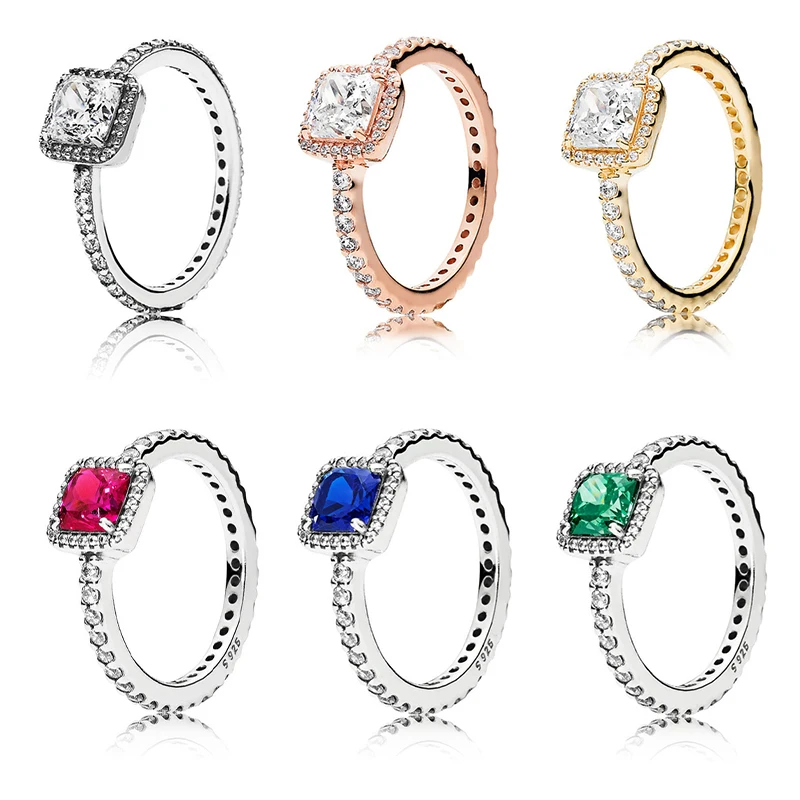 

100% 925 Sterling Silver Square Sparkle Halo Rings Clear Cubic Zirconia Shiny Sterling Rings Fashion Gifts