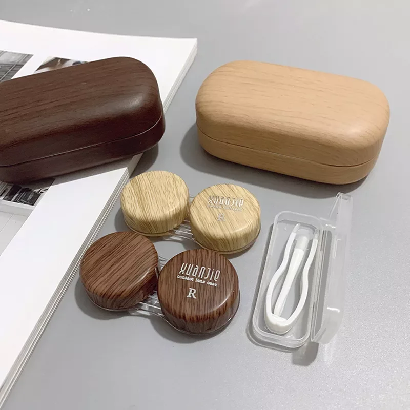 

Retro Leather Wood Grain Double Partner Cosmetic Contact Lens Box Large Diameter Leak-proof Storage Myopia Contact Lens Case