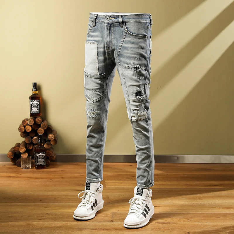 Street Fashion Men Jeans Retro Light Blue Elastic Stretch Skinny Ripped Jeans Men Spliced Designer Patched Hip Hop Pants Hombre