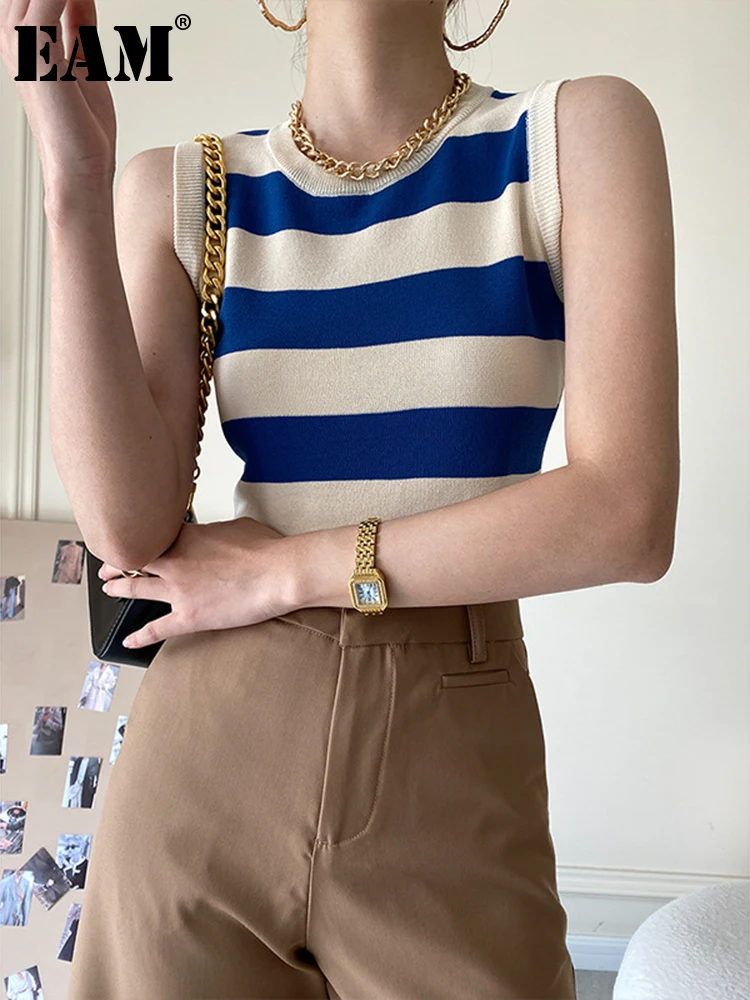 

[EAM] Striped Knitting Sweater Loose Fit Round Neck Sleeveless Women Pullovers New Fashion Tide Spring Summer 2023 1DF1575