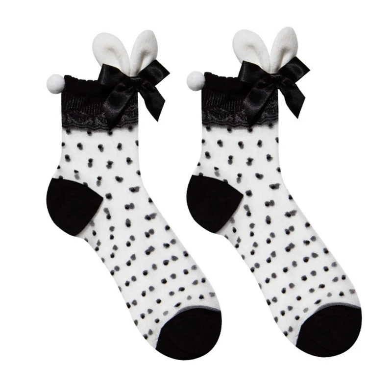 

Women Transparent Crystal Fiber Ankle Socks Bunny Ears Bowknot Lace Retro Polka Dot Sheer Summer Mesh Hosiery