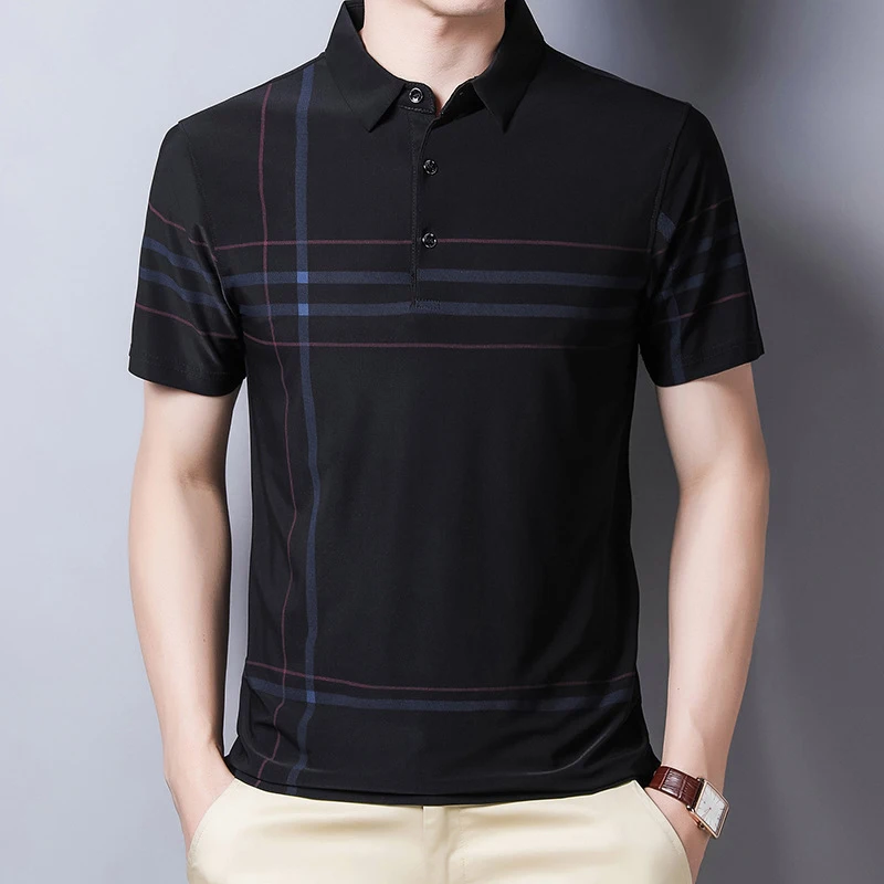 

Summer men's POLO shirt new ultra-thin slim ice silk lapel plaid print short sleeve casual fashion business men's T-shirt Polo