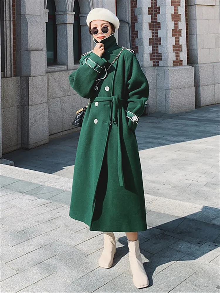 

2022 Winter New Woolen Jacket Overcoat Women Vintage Elegant British Style Loose Double Breasted Belted Long Trench Coat S182