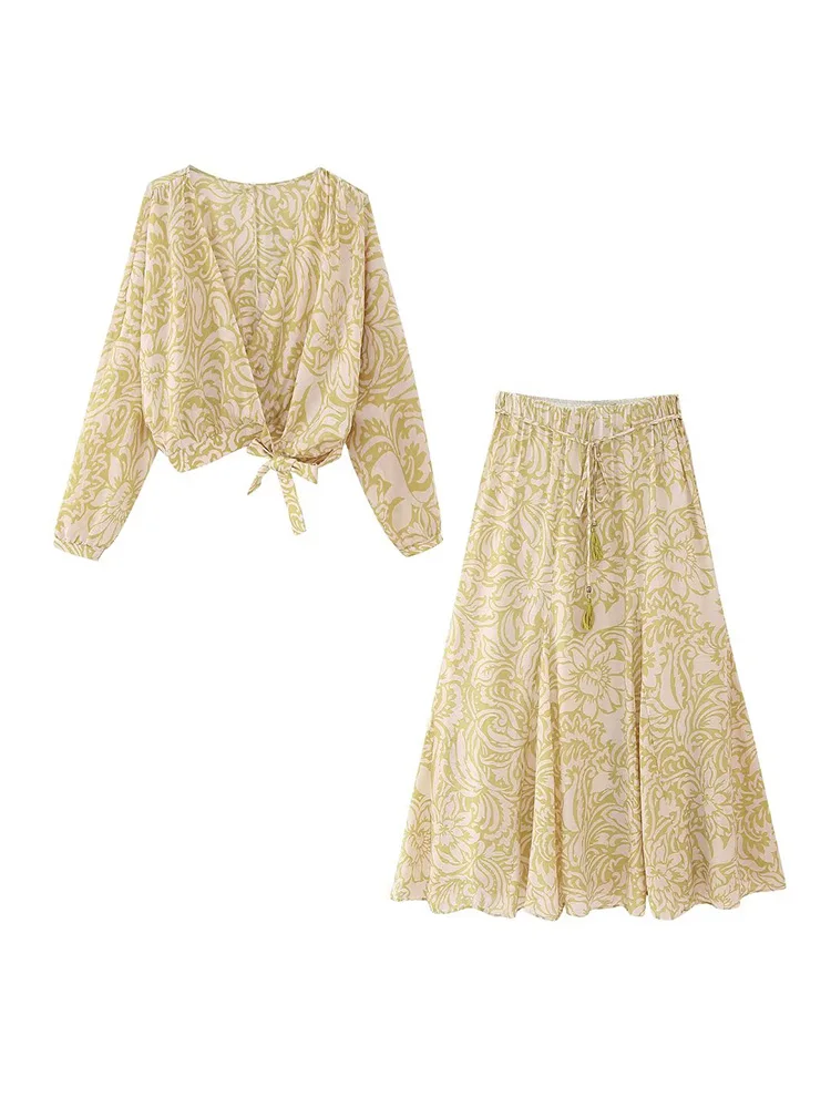 

Kumsvag 2023 Women Summer 2 pieces sets Fashion Print Blouses Shirts Tops and Skirts Female Casual Elegant Suits Clothing