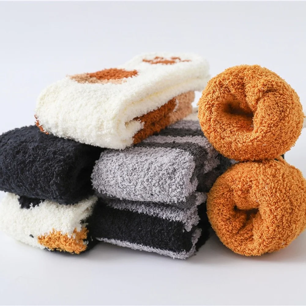 6 Pairs New Home Coral Fleece Socks Footprint Cat Paw Leopard Stripe Sleepping Socks Thickened Warm Winter Fleece Women Socks