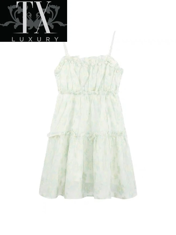 

Sexy Spaghetti Strap Women Summer Casual Beach Sundress 2022 Green Sweet Beaded Dresses A-line Princess Short Vestidos