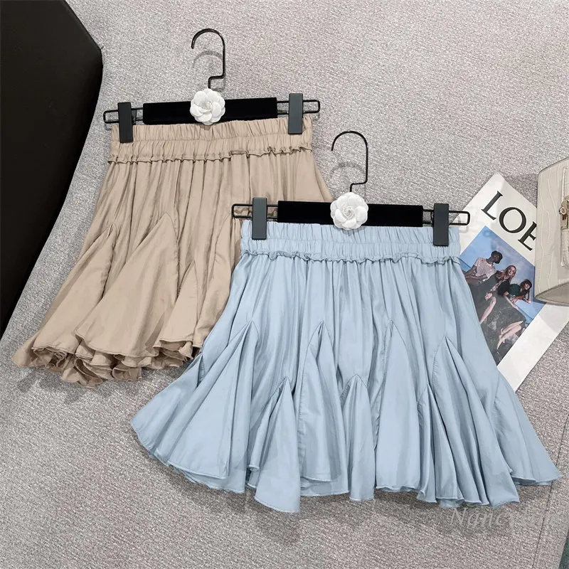 

High Waist Pleated Skirts Womens 2022 Autumn New Causal Korean A-line Mini Skirt Mujer Faldas Khaki Blue