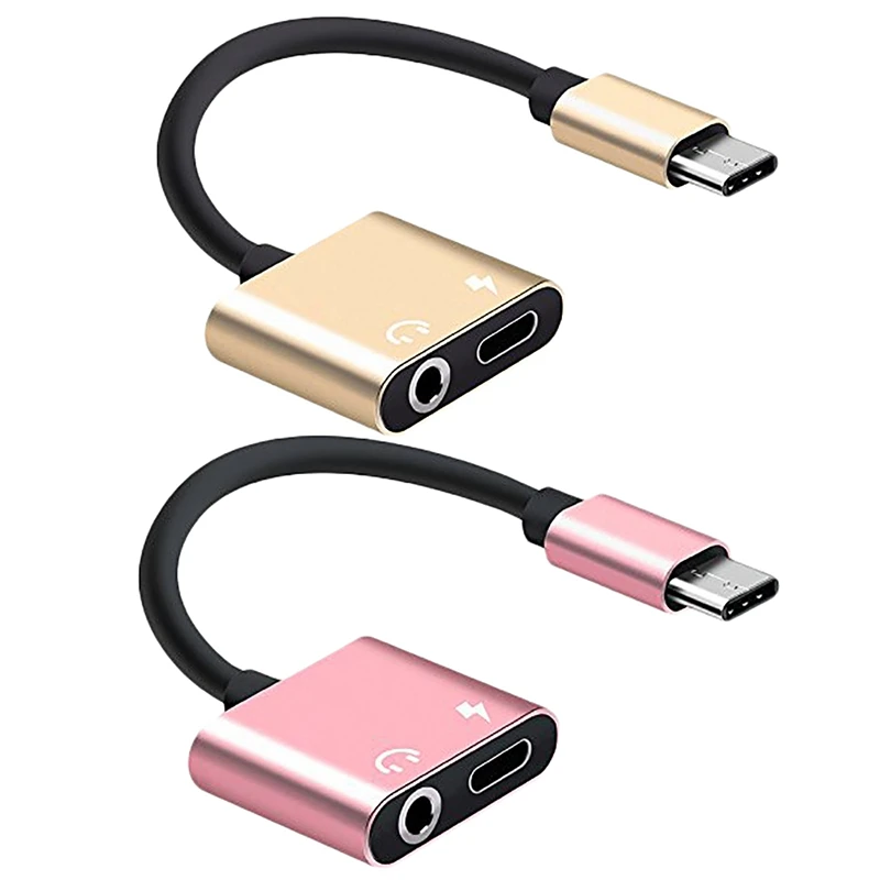 

2 Pcs 2 In 1 Type-C To 3.5Mm Headphone Jack Adaptor/Connector Charger, Earphone Aux Audio And Charge Adaptor - Gold & Rose Gold