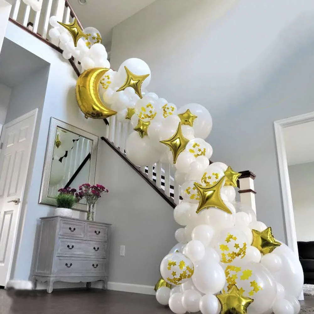 

SURSURPIRSE EID MUBARAK White Gold Balloon Garland Arch Kit with Star Moon Foil Balloon for Wedding Birthday Party Supplies