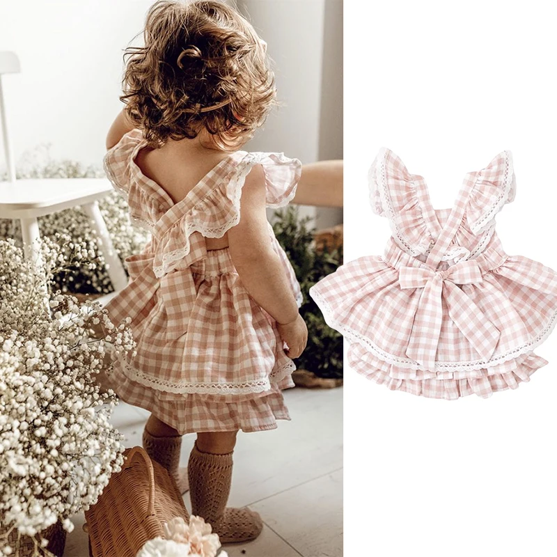 

1 Set Summer Vintage Baby Girl Sleeveless Pink Plaid Dress Kid Ruffles Criss-Cross Dress Todder Children's Princess Vestidos