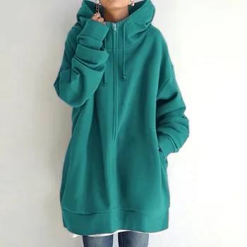 Winter Women Fleece Zip Hoodie Long Oversized Hooded Zipper Sweatshirts With Pockets Women's Tops 1