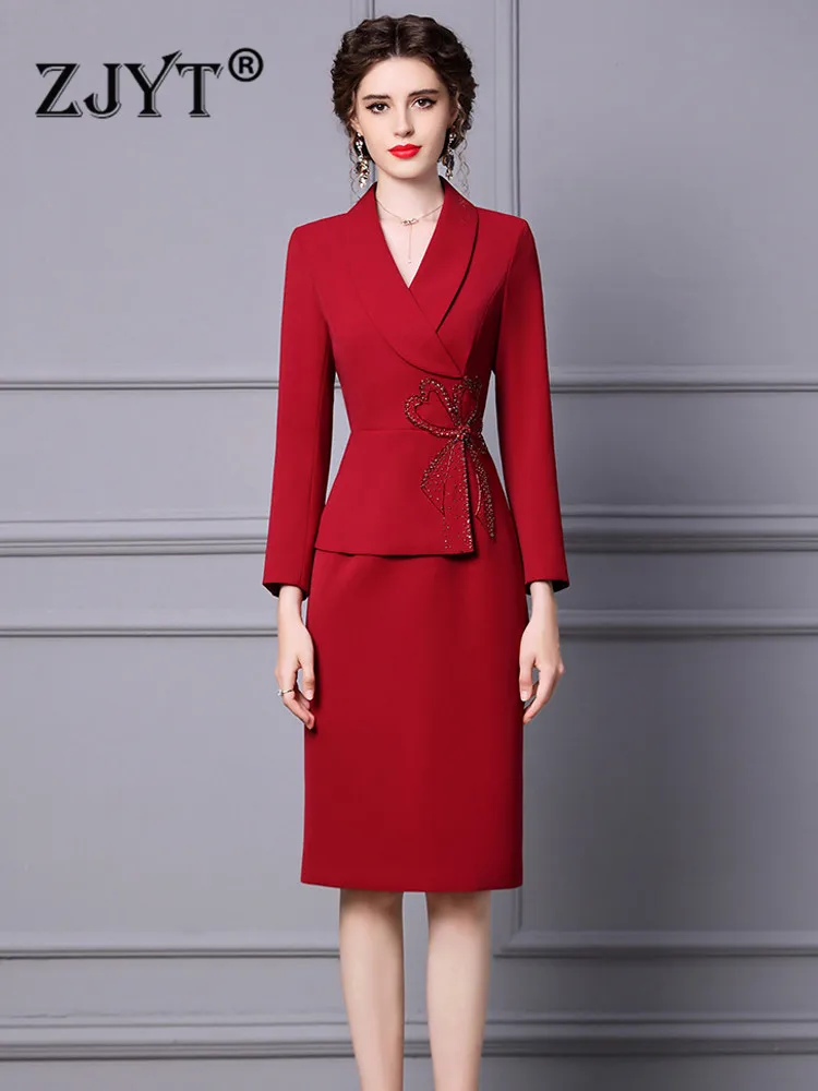 

ZJYT Elegant Luxury Beading Red Formal Party Dress for Ladies 2023 Spring Designer Long Sleeve Office Blazer Vestidos Women XXXL