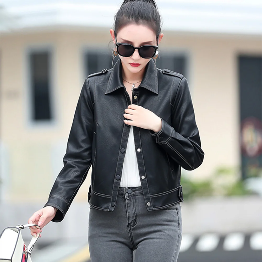 New Women Small Leather Jacket Casual Fashion Moto & Biker Style High Waist Sheepskin Short Coat Split Leather Slim Outerwear
