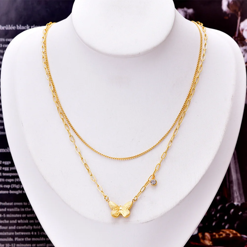 

Personalized Fashionable Minimalist Versatile Women's Double Layer Necklace Stainless Steel Striped Butterfly Necklace Gift