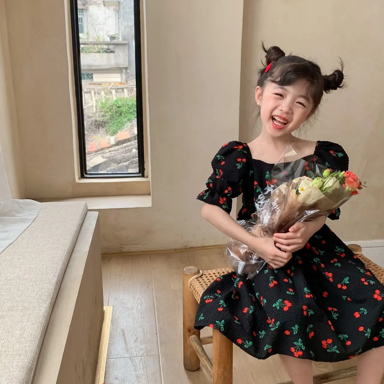 

Princess Dress 2023 Square Collar Puff Sleeve A-line Above Knee Length Pullover Print Floral New Korean Sweet Lovely Girls