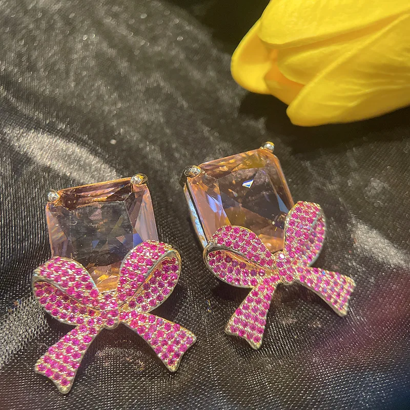 Micro Pave Cubic Zirconia Square CZ Bowknot Stud Earrings 925 Silver Needle Fashion Romantic Wedding Party Luxury Jewelry