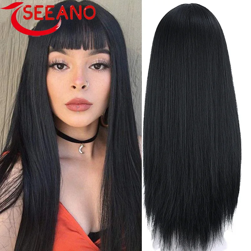 Синтетический длинный прямой черный парик с челкой SEEANO термостойкий косплей