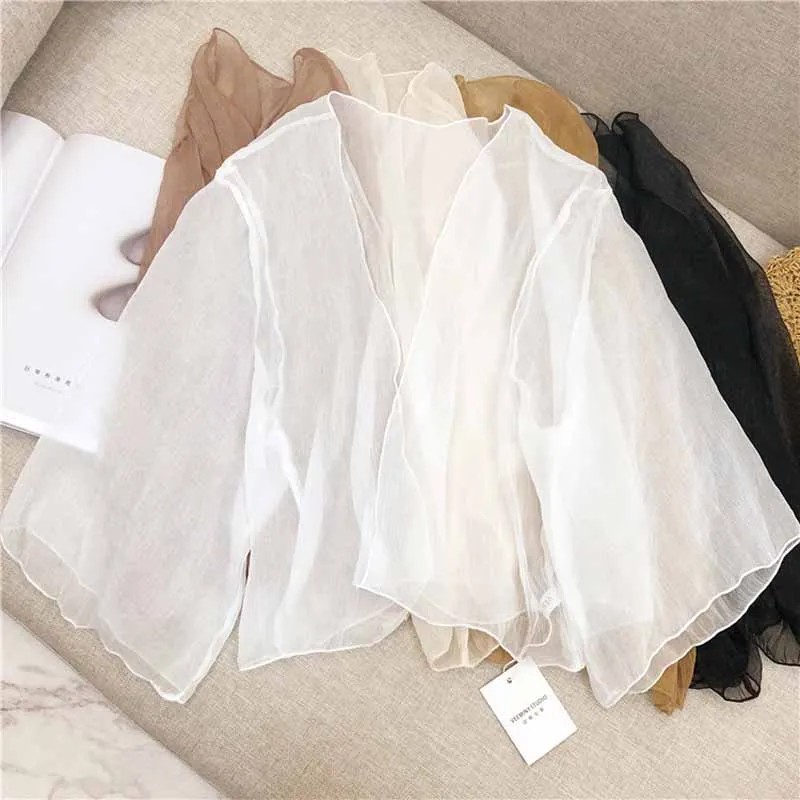 Женский шифоновый кардиган с жемчужинами повседневный прозрачный свободный в