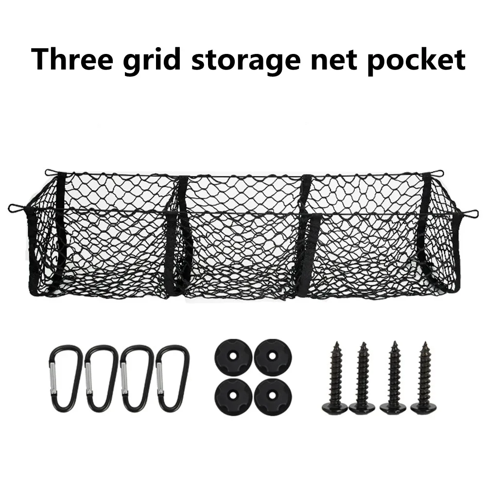 

3 Pocket Cargo Net Trunk Bed Organizer Heavy Duty Black Mesh Storage Net Compatible for SUV Pickup Truck with 4 Metal Hooks