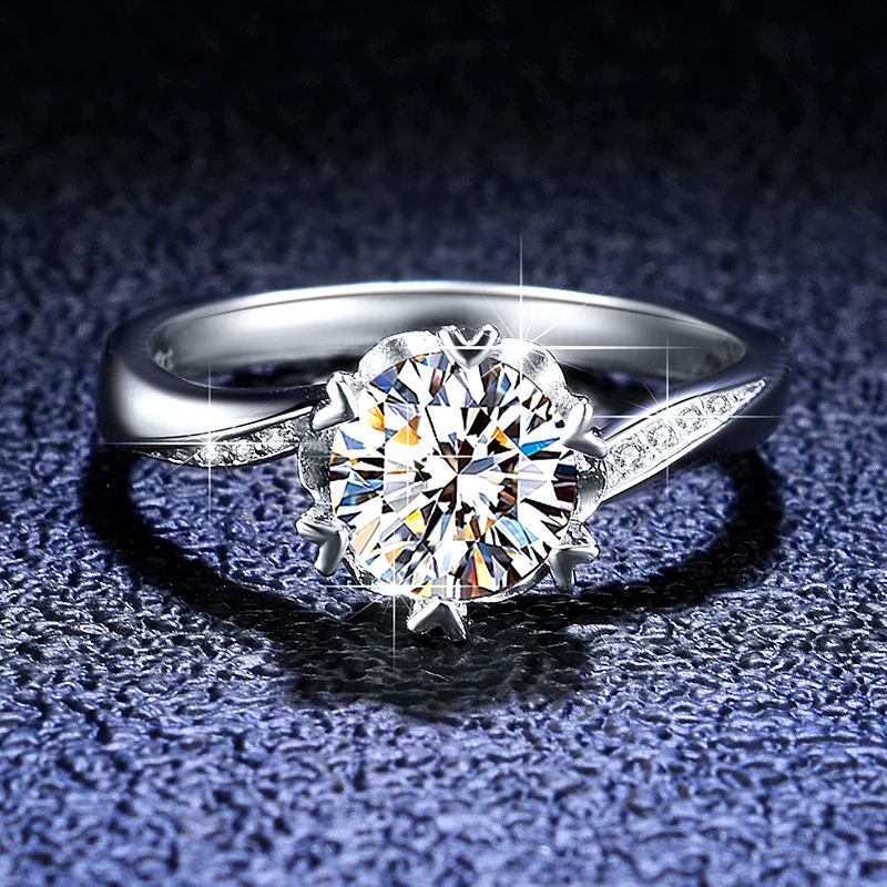 

1Ct VVS D Color Moissanite Flower Solitaire Round Cut 925 Silver Rings Original Certified Luxury Quality Jewelry Charm Luxury