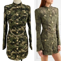 high street 2022 newest stylish designer dress womens matel chain military uniform camo cotton dress