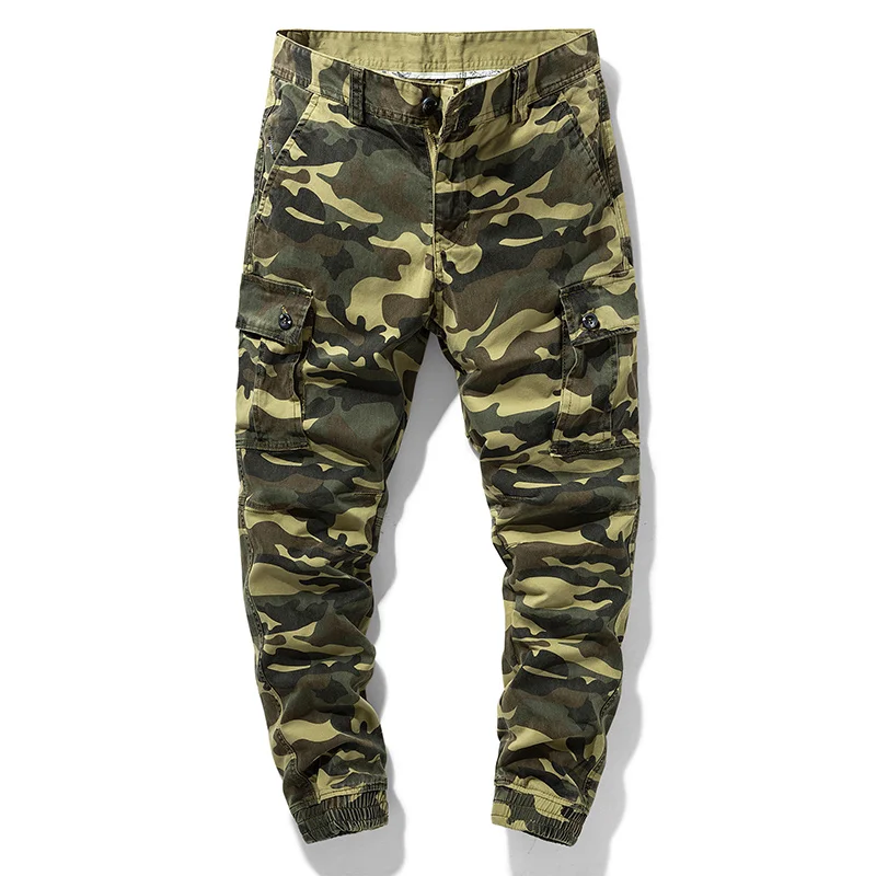 Spring 2023 Men Cotton Camo Cargo Pants Men Joggers Casual Harajuku Tie Feet Overall Male Streetwear Multi-Pocket Military Pants