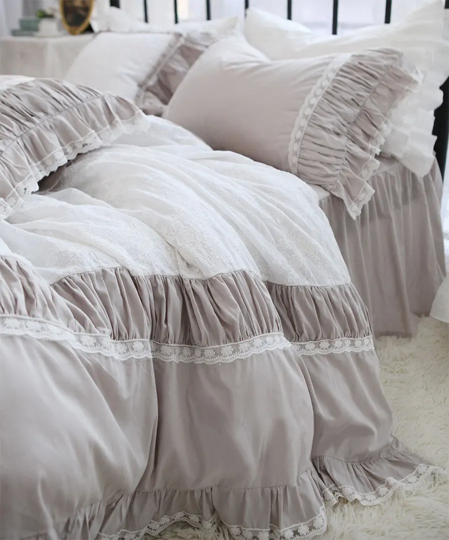 

Romantic elegant fairyfair lace bedding set,floral ruffled full queen king cotton home textile bedspread pillow case quilt cover