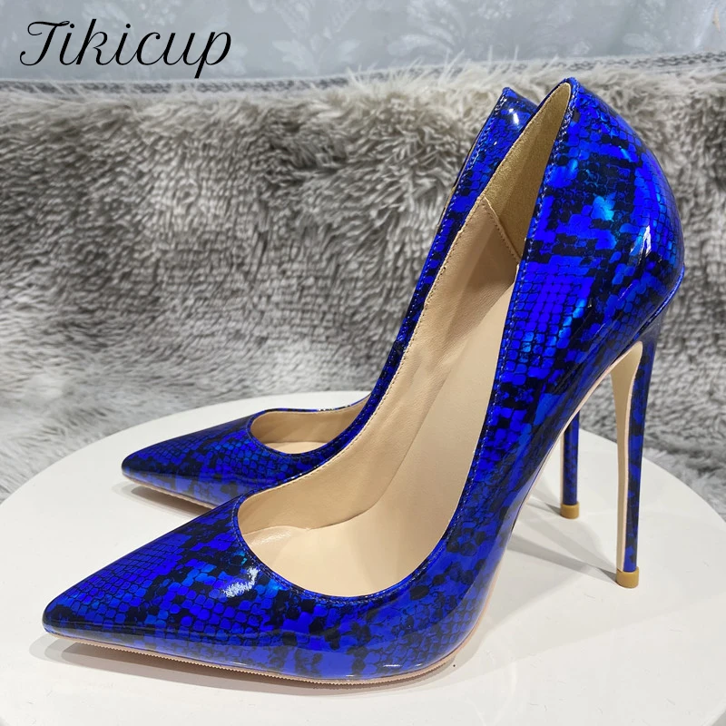 

Tikicup Glossy Royal Blue Snakeskin Women Pointy Toe High Heels Sexy Party Shoes Fashion Designer Stiletto Pumps Plus Size 33-45