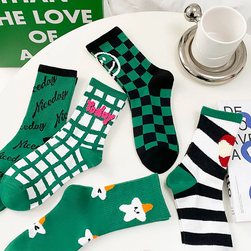 

Socks Women Checkerboard Geometric Hip Hop Checkered Striped Smiley Cotton Plaid Socks Streetwear Blue Socks For Girls Short Sox