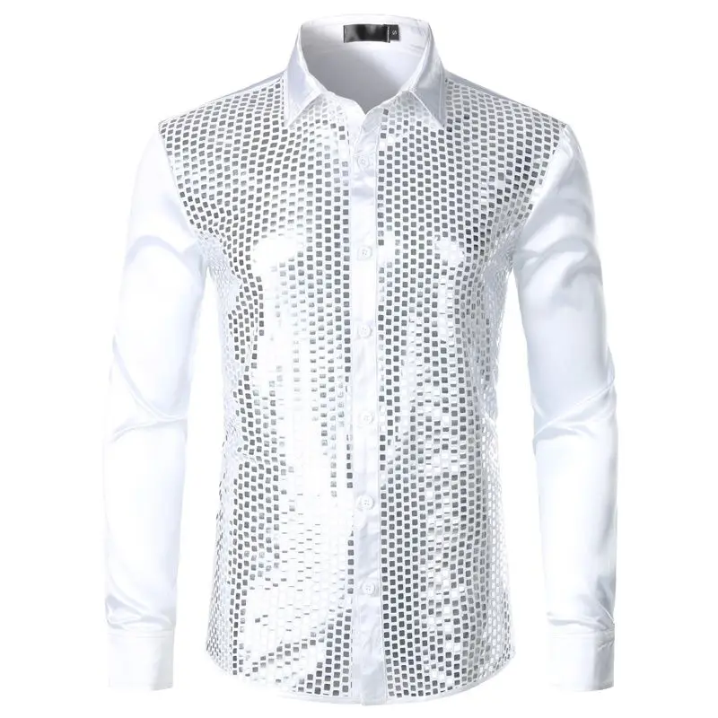 Luxury Silver Shiny Sequin Shirt Men 2019 Brand New Silk Satin Mens Dress Shirts Chemise Homme Night Club Stage Shirts Camisas
