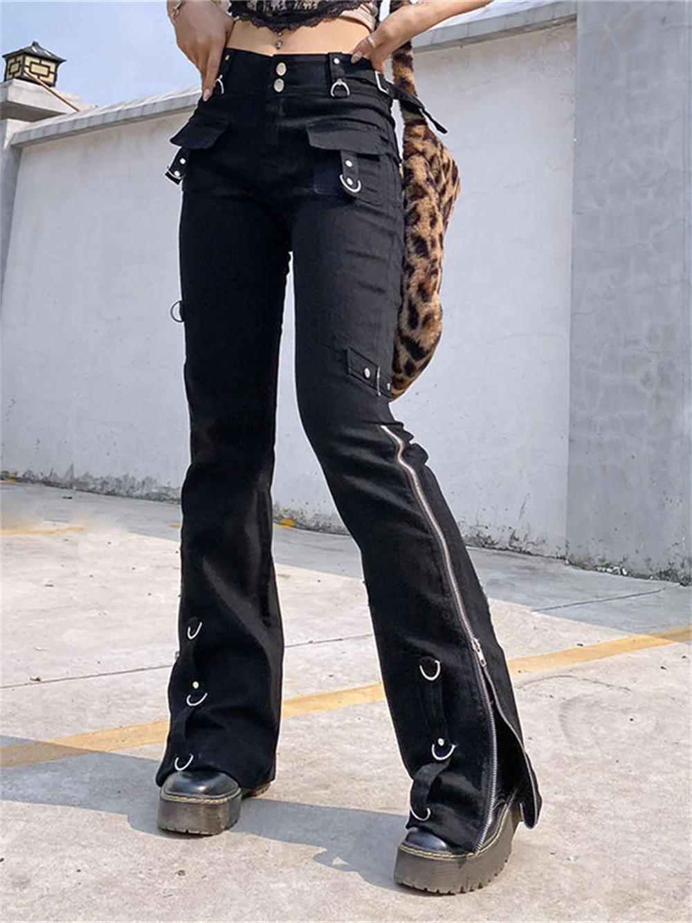 Punk Rivets Zipper Black Cargo Pants Y2K Techwear Leggings Jeans Gothic Women Cyber Eyelet Buckle Dark Academic 90s Trousers