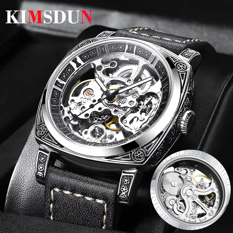

2022 Kimsdun Mechanical Wristwatch For Men Automatic Original Waterproof Skeleton Hollow Silver Square Large Dial Male Watches