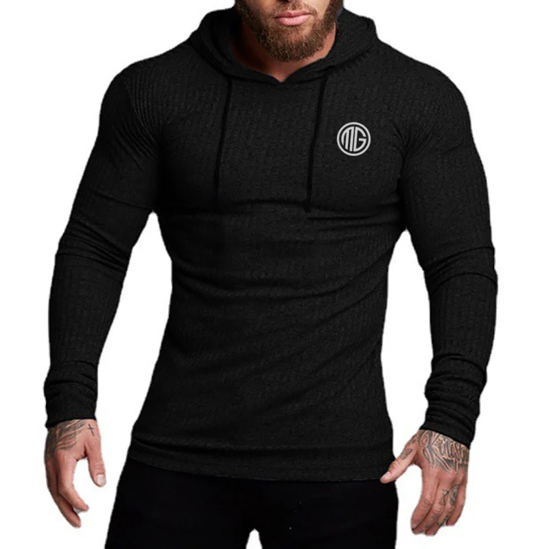 

Футболка мужская с длинным рукавом, приталенный силуэт, эластичная, дышащая, быстросохнущая, с капюшоном, для спортзала, бодибилдинга, фитнеса, бега