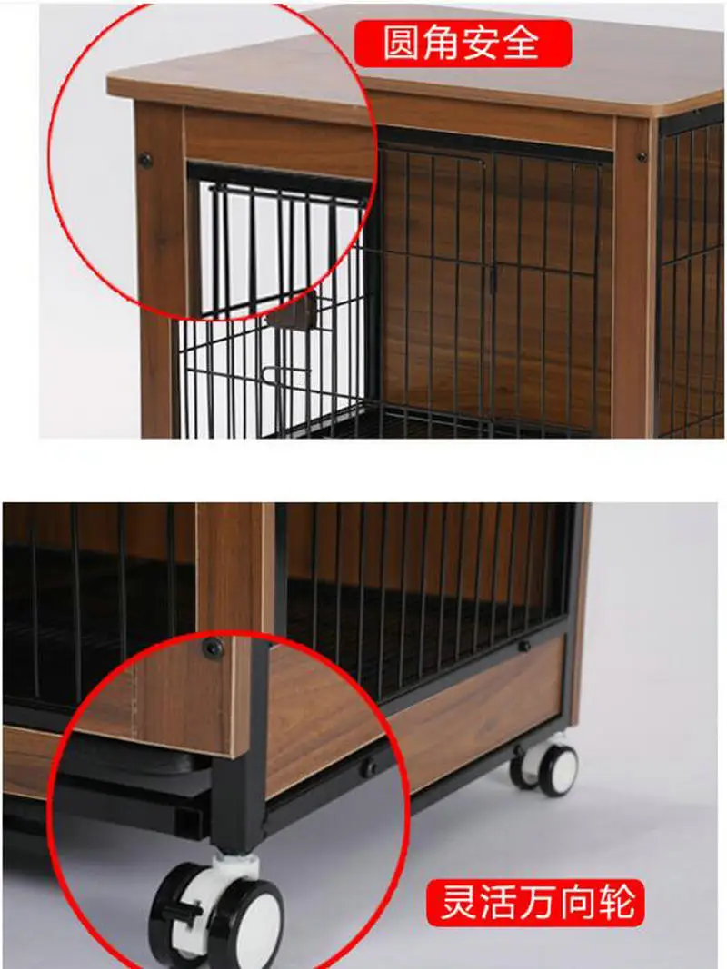 Solid Wood and Fine Steel Net Breathable Luxury Dog Pet Cages Fence Kennel Carriers Houses Crate with Toilet Board and Casters images - 6