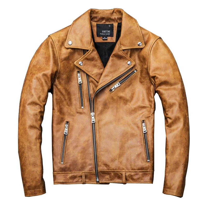 

Men's Genuine Leather Motorcycle Jacket Oil Wax Retro Top Layer Cowhide Mn's Motorcycle Yellow Leather Jacket